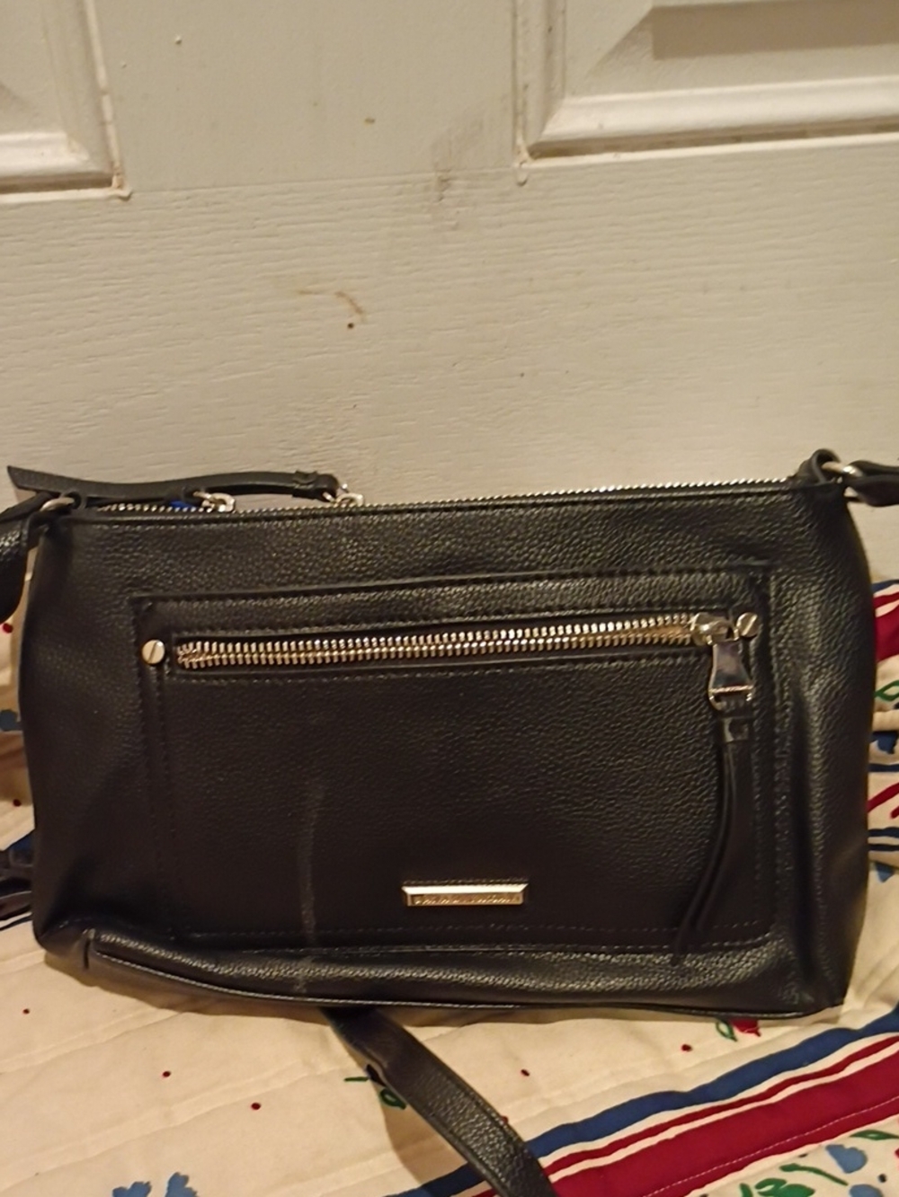 Black Leather Crossbody Bag with Front Zipper Pocket